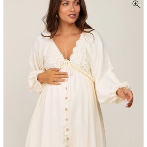 Beige Crochet Lace Button Front Maternity Dress
